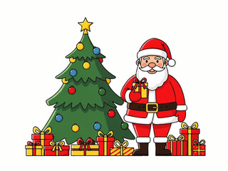 Cartoon illustration of Santa Claus holding a gift next to a decorated Christmas tree with presents underneath.