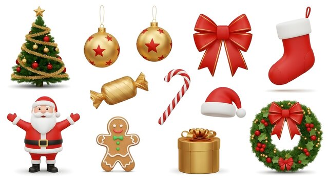 Realistic 3D Christmas elements set decorated tree, gold baubles, red bow, stocking, Santa, candy cane, gingerbread, gift box and wreath isolated on white.