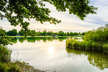 View of the Kranzberger See recreation area in the Amper Valley near Kranzberg. Idyllic nature by the lake.
