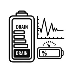 Battery drain and power consumption icon with fluctuating energy level graph and percentage indicator