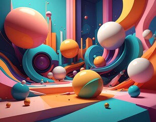 A vibrant, abstract digital art piece with colorful orbs, layered shapes, and geometric forms in a whimsical scene