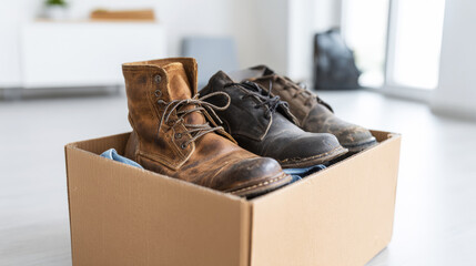 Used shoes and clothes packed in a cardboard box for donation, portraying concepts of charity and giving