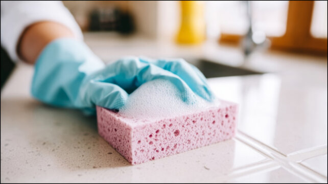Hand in blue rubber glove wiping kitchen counter with foamy pink sponge, symbolizing cleaning and hygiene