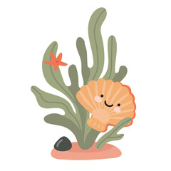 Fototapeta premium A kawaii cartoon scallop with starfish and green seaweed underwater in a flat style. Vector illustration for a greeting card or children's book.