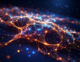A vibrant, abstract digital illustration, showcasing a network of glowing orange and blue interconnected nodes on a dark background