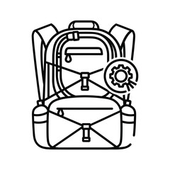 Backpack with gear settings icon, outdoor travel equipment configuration, hiking adventure settings, line art vector