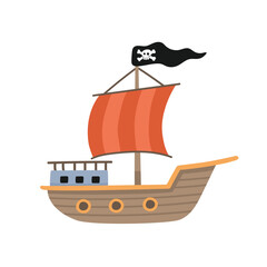 A cartoon pirate ship with a red sail and a black flag with a skull. Flat vector illustration for a children's game, book, sticker, icon, or adventure concept.