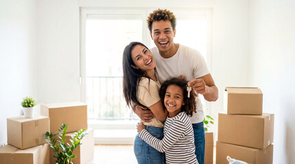 Multiracial Family celebrating new home with keys in hand surrounded by moving boxes and bright sunlight entering the room