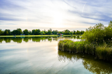 View of the Kranzberger See recreation area in the Amper Valley near Kranzberg. Idyllic nature by the lake.
