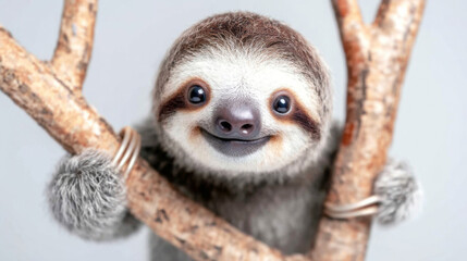 Obraz premium Young happy sloth clinging to a tree branch, soft gray background highlighting its cute friendly expression
