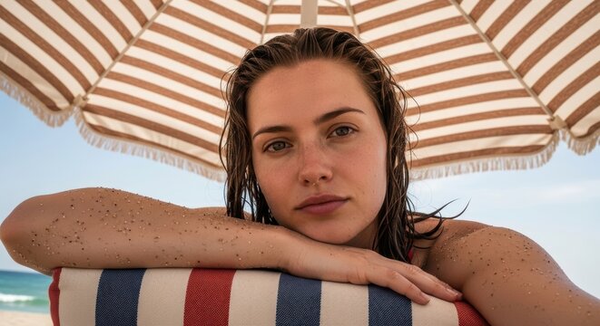 Young caucasian female relaxing under striped beach umbrella on sunny day