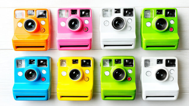 Vibrant collection of colorful instant cameras arranged on white wooden planks, capturing creativity and retro style