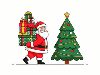 Santa Claus carrying a stack of wrapped Christmas presents next to a decorated Christmas tree with a star on top.