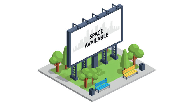 Isometric illustration of a park with a large billboard displaying 'SPACE AVAILABLE' for advertising.