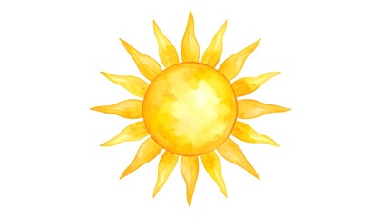 Watercolor sun illustration. A bright, yellow celestial body with rays radiating outward