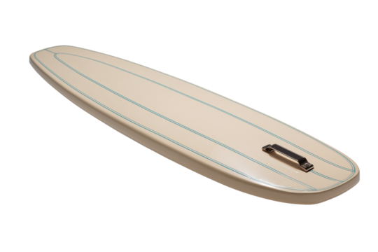 Retro cream longboard surfboard with sleek blue pinstripes and a metal handle
