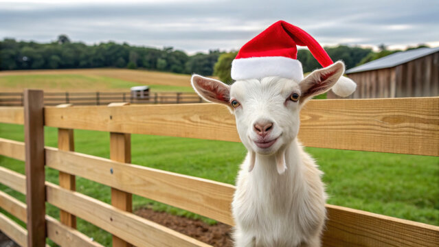 Christmas animal goat wearing red Santa hat stands by wooden fence on green farm field with barn in background, joyful holiday mood - Powered by Adobe