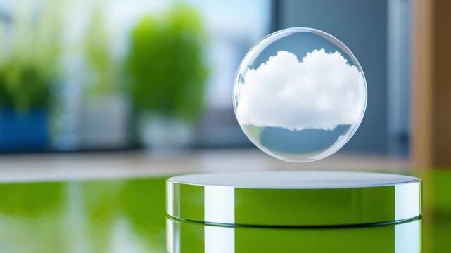 Floating Cloud in Clear Sphere: A luminous cloud trapped within a transparent orb hovers gracefully above a verdant surface, embodying a sense of serene beauty and meteorological wonder.