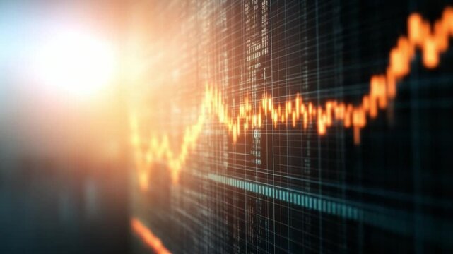 Financial Market: An eye-level view, the bright chart illustrates the volatility of the financial market. A dynamic visualization of fluctuating financial indicators against a warm, sunlit backdrop.