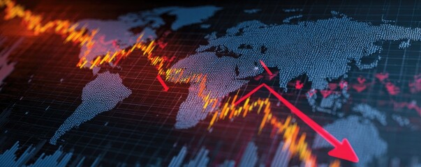 World map graphic with red financial downtrend arrows and fluctuating market lines