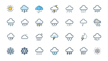 Obraz premium Weather icons sun, rain, clouds, lightning, snowflakes, and umbrella. Small, colored vectors, a variety of weather patterns