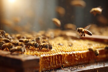 Beekeeper's Hand Working with Bees on a Honeycomb Frame