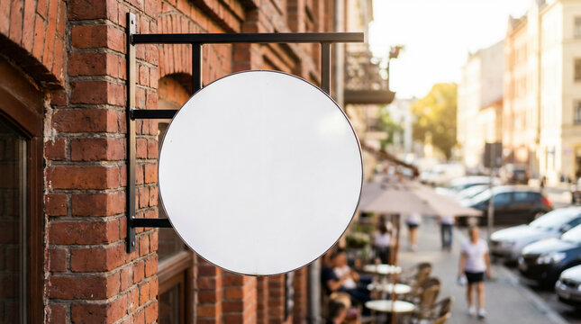 Blank Round Sign Hanging on a Red Brick Wall, Showcasing a Business on a Sunny Urban Street.