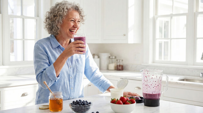 Elderly woman enjoys making and tasting a berry smoothie in a bright kitchen filled with natural light - Powered by Adobe