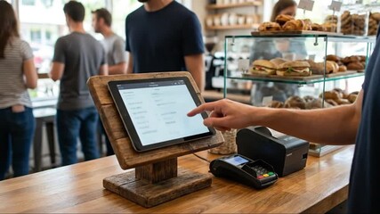 Customer or staff member using a modern tablet point-of-sale (POS) system on a wooden counter in a bustling cafe or bakery, processing an order wit...