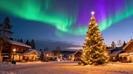 Beautifully lit Christmas tree under a vibrant aurora borealis in a snowy village during a winter evening