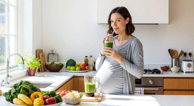 Pregnant woman enjoying a healthy green smoothie in a bright kitchen full of fresh vegetables and fruits - Powered by Adobe