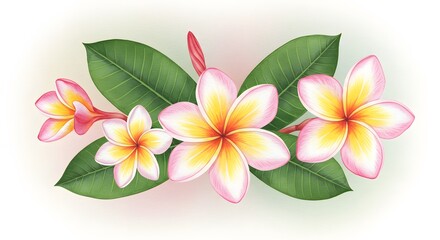 Naklejka premium Artistic depiction of frangipani blossoms and vibrant leaves against a gradient background