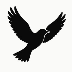 Obraz premium Minimalist Bird in Flight Icon – Black Silhouette of Streamlined Bird with Extended Wings and Spread Tail on White Background