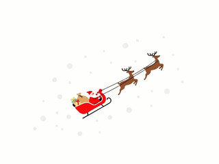 Santa Claus riding in his red sleigh pulled by two reindeer through a snowy sky.