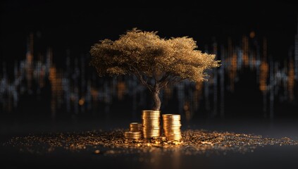 A money tree with golden leaves rooted in gold coin stacks against a dark financial background