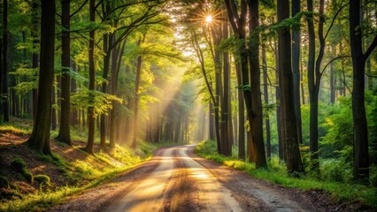 Fototapeta premium A winding dirt road disappears into a canopy of tall trees with sunlight filtering through leaves and casting dappled shadows on the forest floor , serene landscape, forest road
