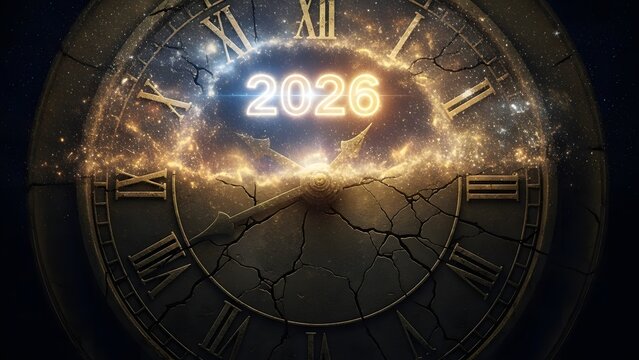 Clock with 2026 glowing numerals cracks in time with sparkles celebration future countdown