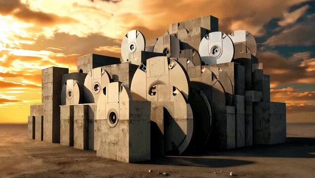 Giant Retro Digital Storage Media Floppy Disks Piled on Concrete Blocks in Dystopian Desert Sunset Futuristic Data Archive Concept