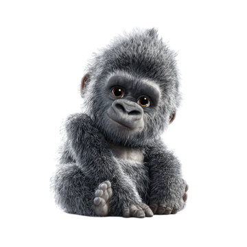 A baby gorilla with a big head and a small body