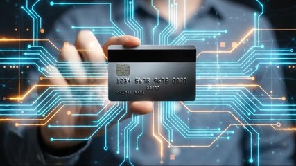Hand holding credit card with glowing circuit board background, symbolizing secure digital payments, financial technology, and online transactions - Powered by Adobe