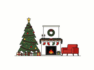 Christmas scene with decorated tree, gifts, fireplace with stockings, wreath, candles, and a red armchair on a white background.