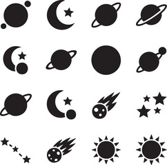 Fototapeta premium Celestial Icon Set – Black Silhouette Vector Collection with Planets, Moons, Stars, Comets, and Cosmic Symbols