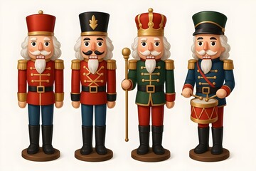 Nutcracker soldier Christmas toy set with traditional figurines. Vector illustration in realistic 3D style.