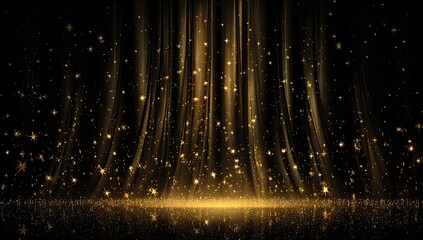 Golden light rays and sparkling particles descend on a reflective dark surface