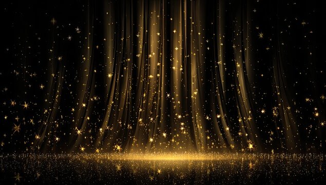 Golden light rays and sparkling particles descend on a reflective dark surface