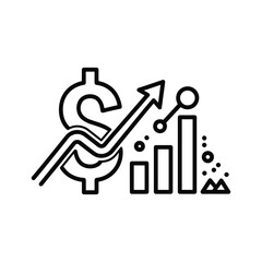 Financial growth icon with dollar sign, upward arrow, and bar chart, isolated on white background