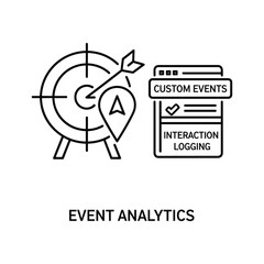Event analytics concept with target, arrow, and custom event logging, isolated on white background