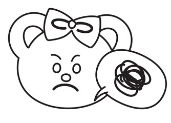 Outline of teddy bear confused or unhappy expression for cartoon character, colouring book, sketch, comic, emoji, mood, emotion, emotion, feeling, zoo, souvenir shop, animal, sticker, bear face shape