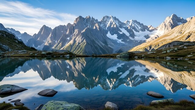 Scenic mountain range reflecting in a pristine alpine lake on a sunny day - Powered by Adobe