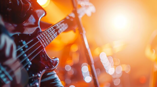 Close up of a rock band on stage featuring guitarist, bass player, and drummer in action